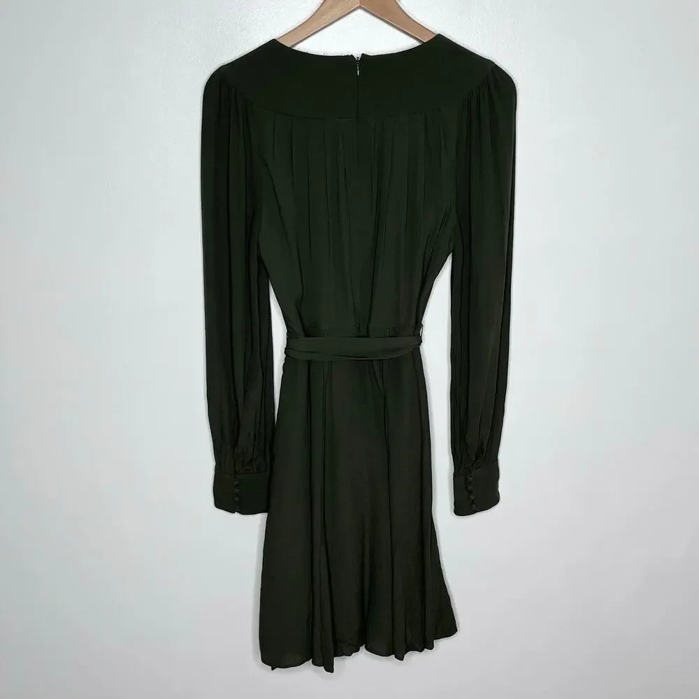 Gal Meets Glam Olive Green Faux Wrap Tie Waist Mini Dress Long Sleeve US 2 - Picture 9 of 10
